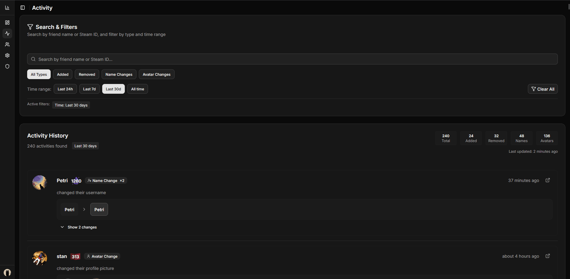 SteamFriends Activity Tracking - Advanced filtering, search by name/ID, and activity statistics for Steam friend tracking