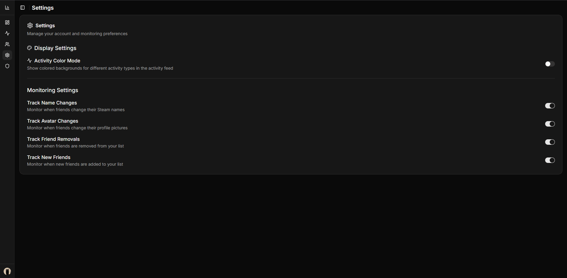 SteamFriends Customizable Settings - Activity controls, display settings, and privacy options for personalized Steam friend tracking